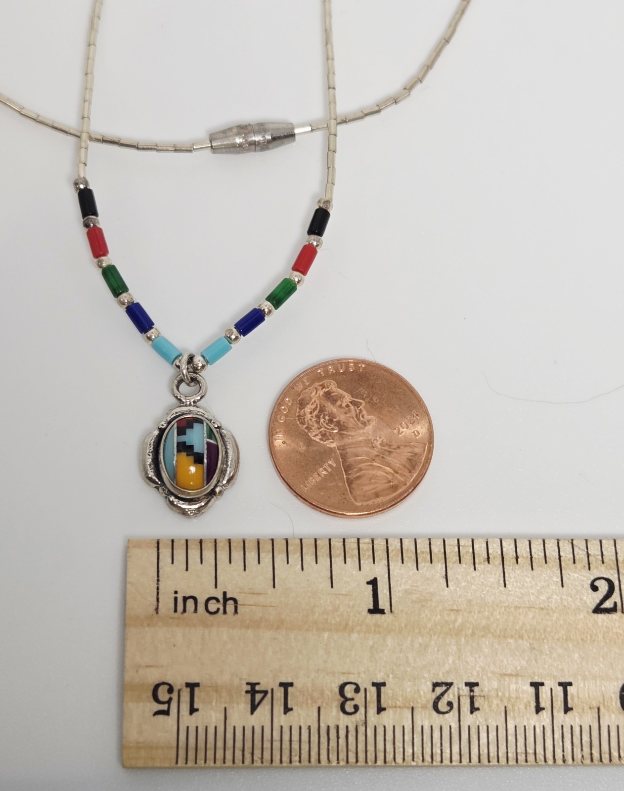 Navajo Handcrafted Oval Pendant 925 Sterling Silver Multicolor Inlay 16″ Chain