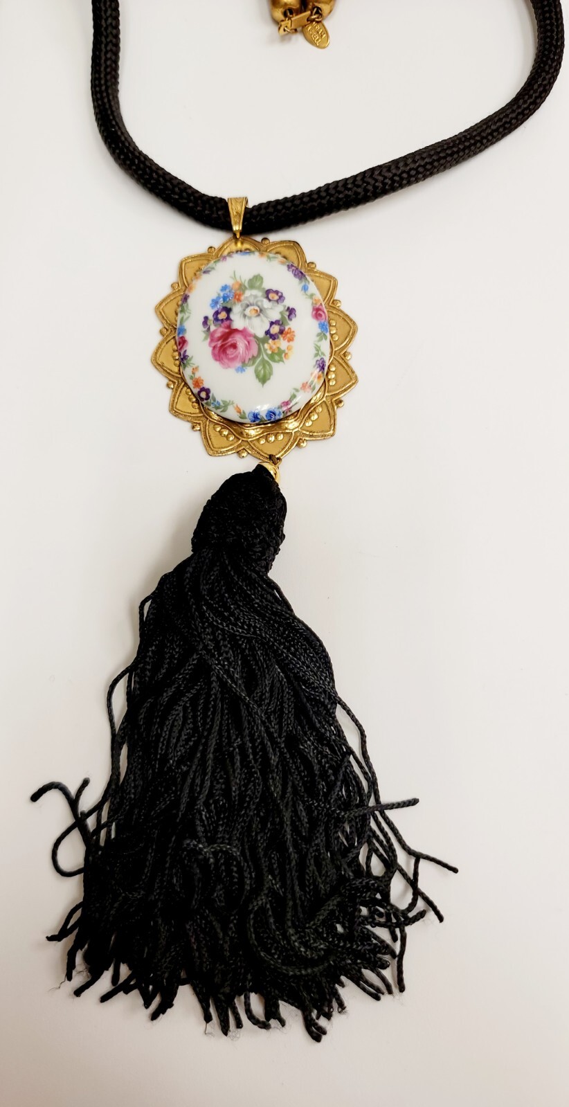 Vintage Miriam Haskell Necklace Large Floral Pendant On Black Cord With Tassel