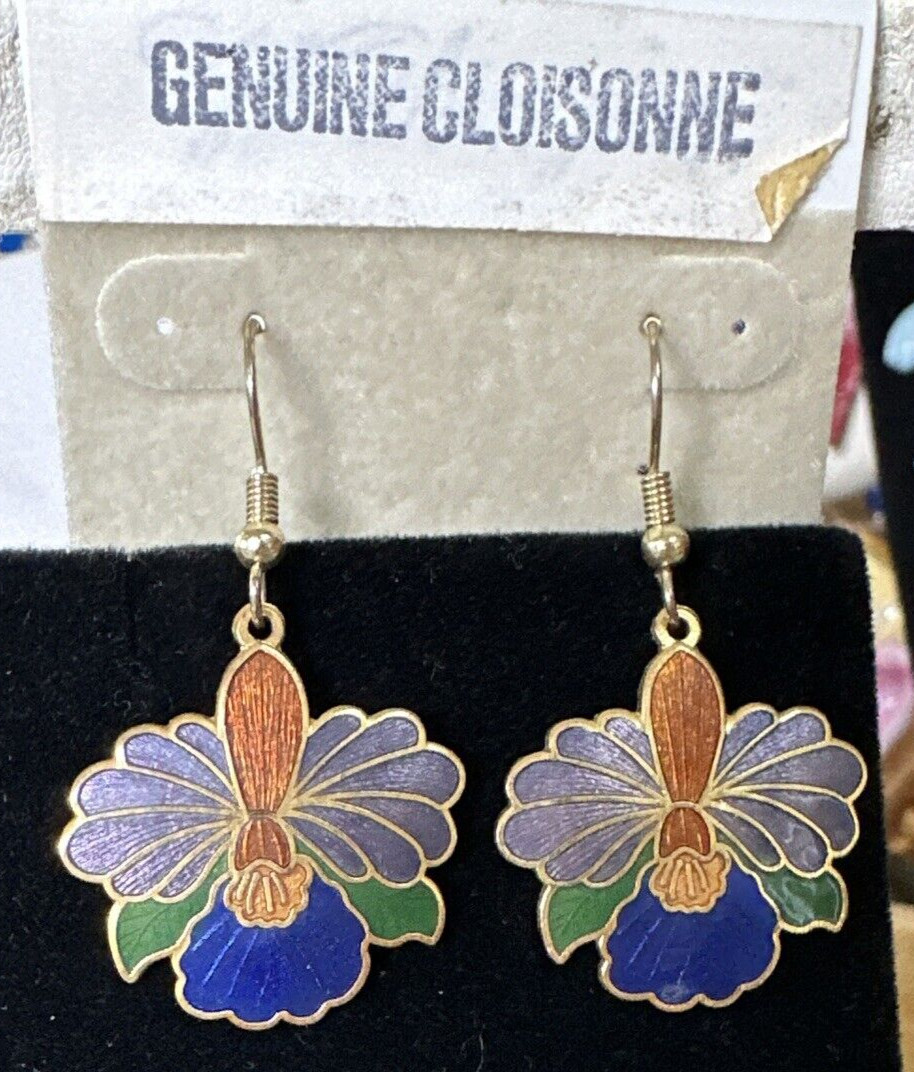 Cloisonne Enameled Blue & Purple Green Orchid Hook Pierced Earrings
