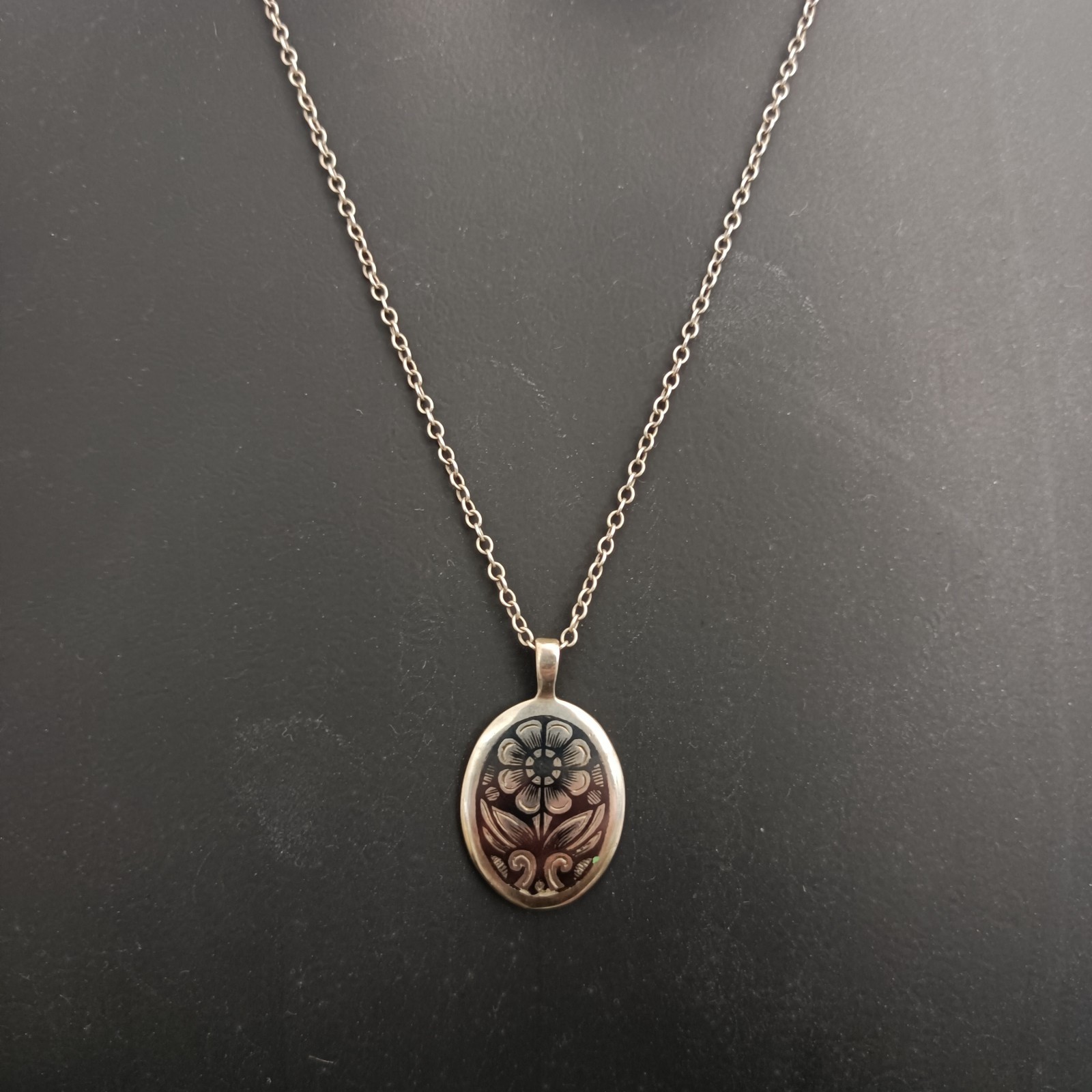 Russian Niello Necklace Silver 875 Floral Oval Traditional Pendant Vintage Long