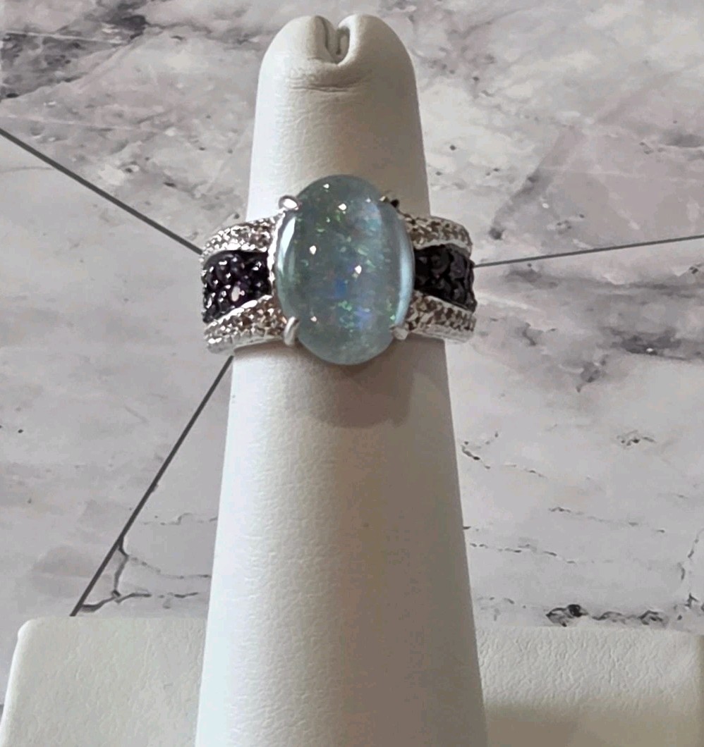 VINTAGE 925 Silver signed JZ Oval Aquamarine & Amethyst Accent Ring sz 5