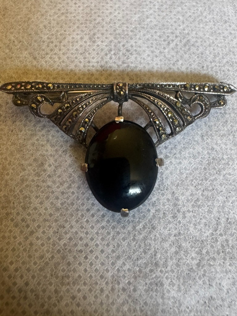 Amazing Art Deco Sterling Silver Marcasite Onyx Pin Brooch