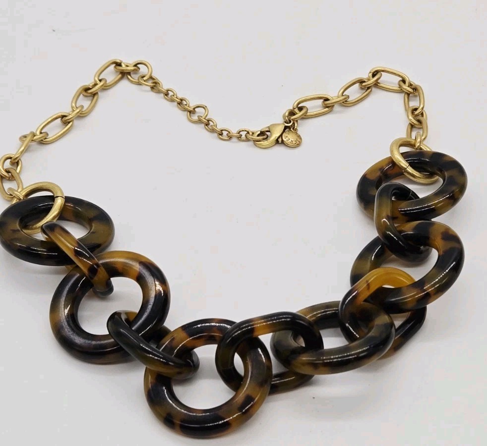 J.Crew Tortoise Shell Necklace Acrylic Chunky Chain Link Rings Gold tone 19 in
