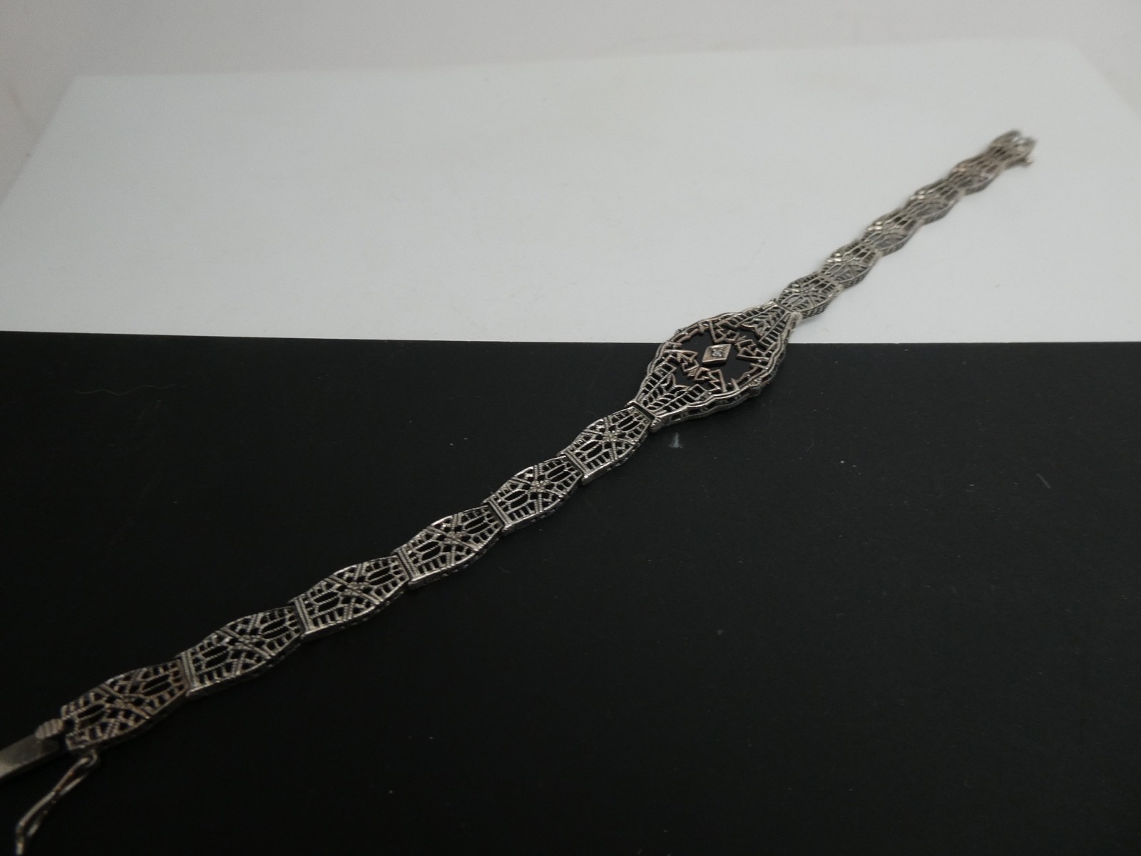 Vintage Diamond & Onyx Sterling 925 Filigree Tennis Style Bracelet Size 6 3/4″
