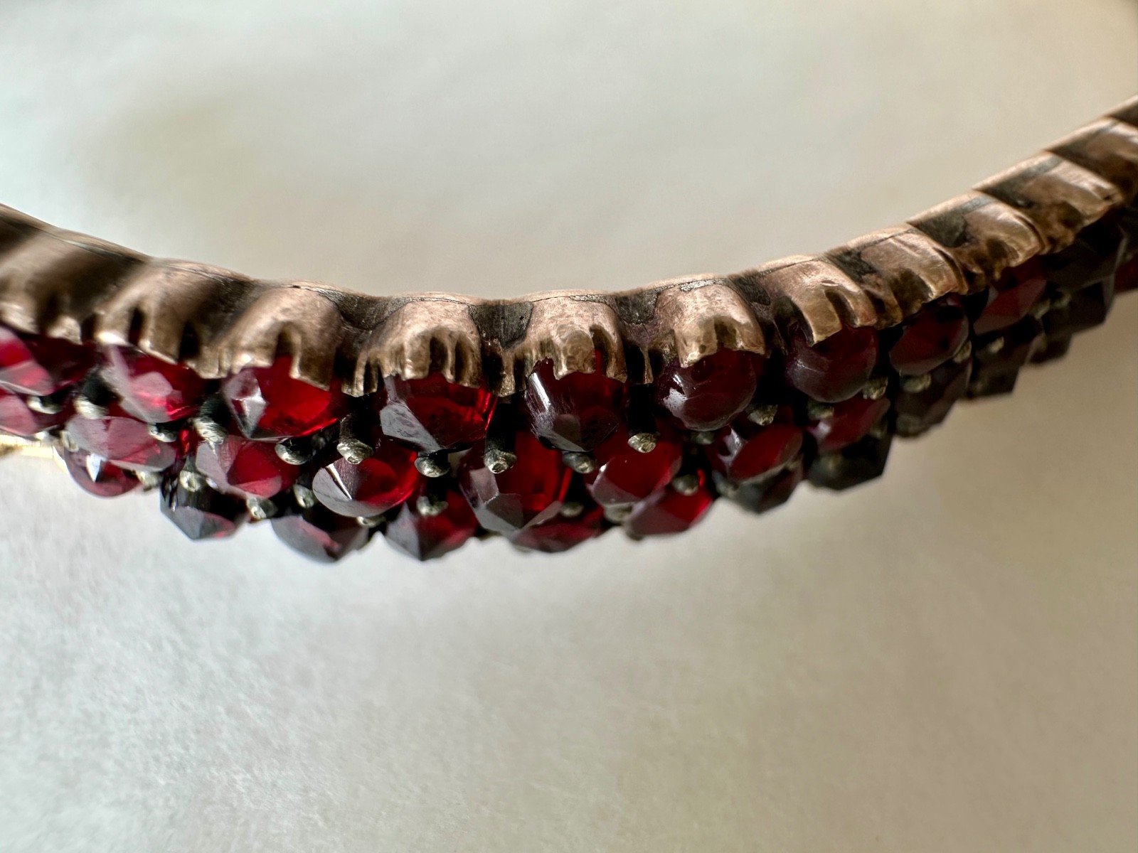 Antique rose cut Garnet & Silver bangle Hinged w/safety chain (see cond.)