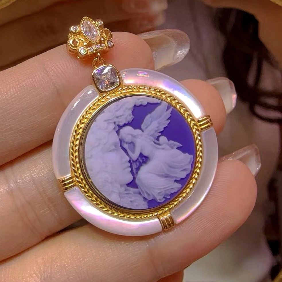 925 sterling silver blue Agate Cameo vintage jewelry Pendant estate jewelry