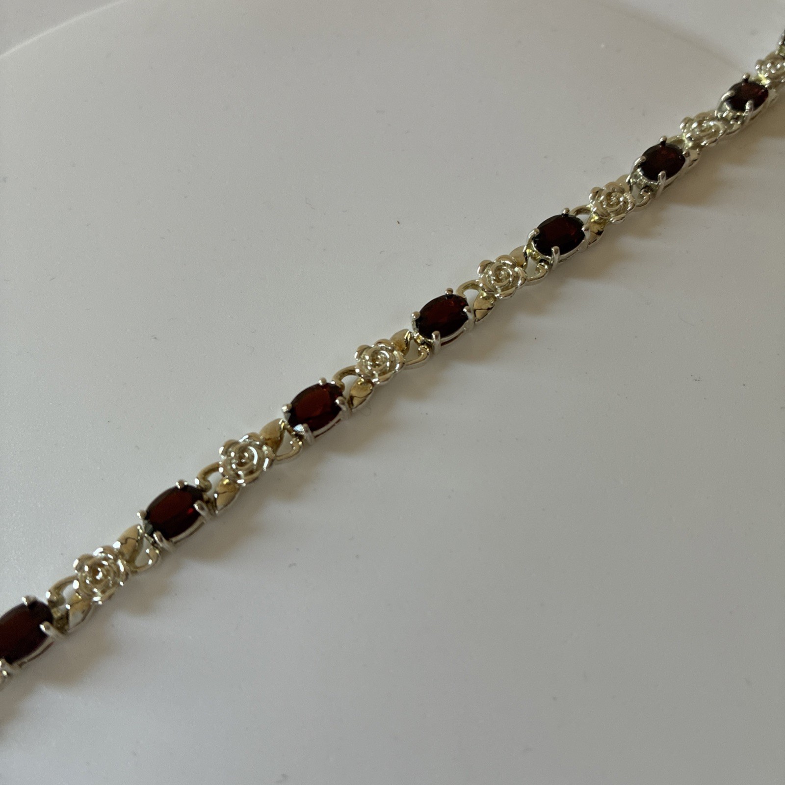 Vintage 925 Sterling Silver Red Garnet Gemstone Floral Link Bracelet