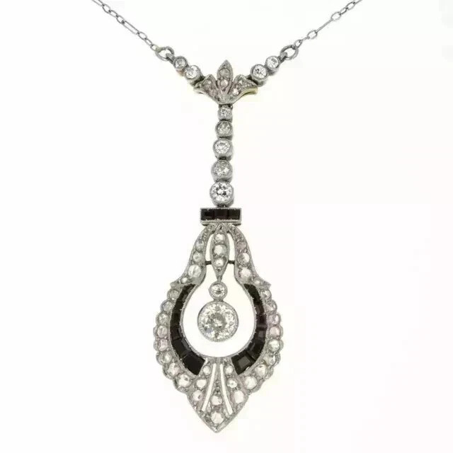 Art Deco Style Lab Created Diamond & Onyx Anniversary 14K White Gold FN Pendant