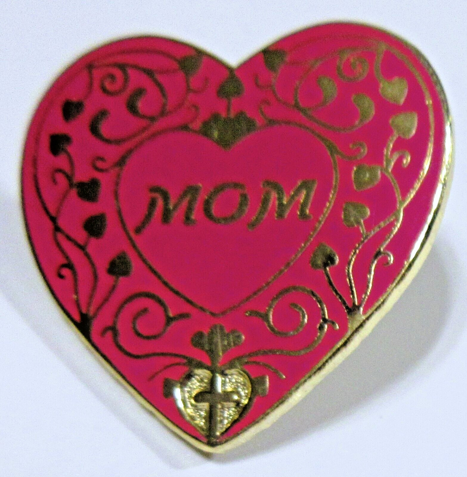 VTG SIGNED VALLEY CASTING PINK MOM MOTHER CROSS HEART LAPEL tac PIN gold tone