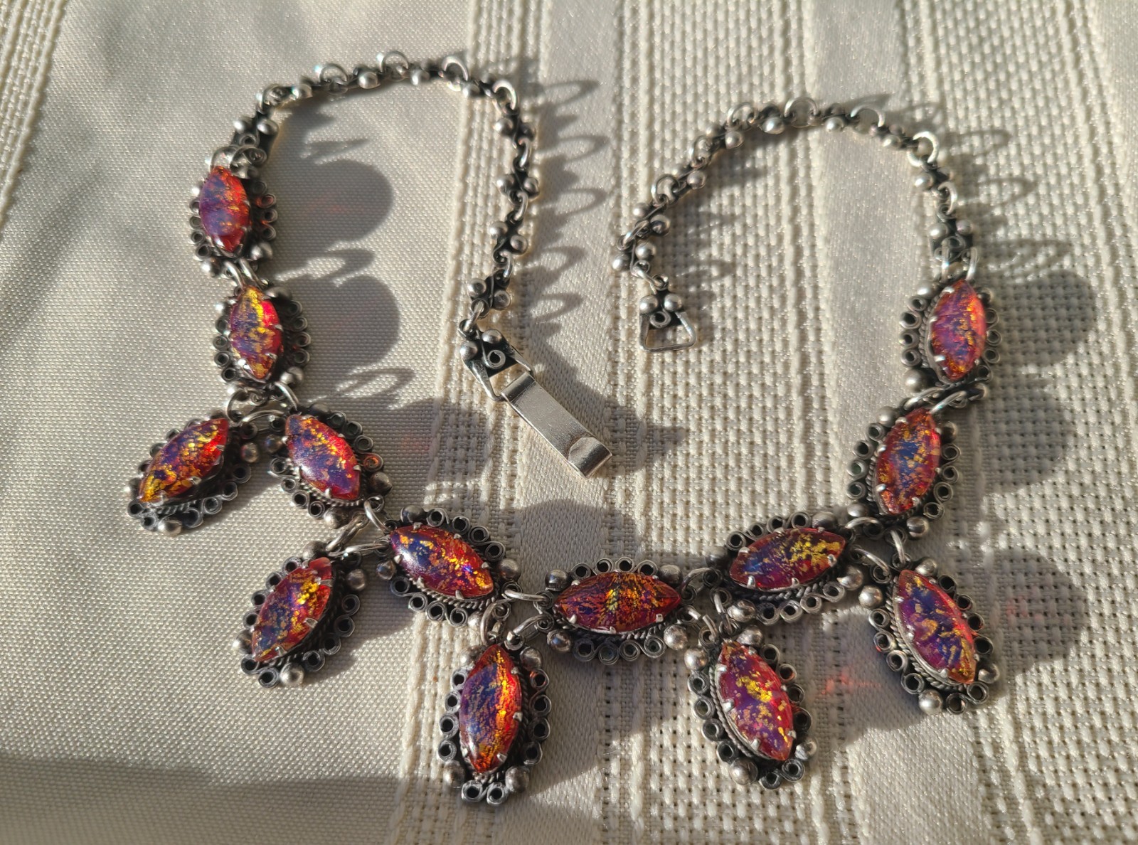 Vintage Sterling Silver Dragon’s Breath & Gold Foil Glass Jelly Opal Necklace