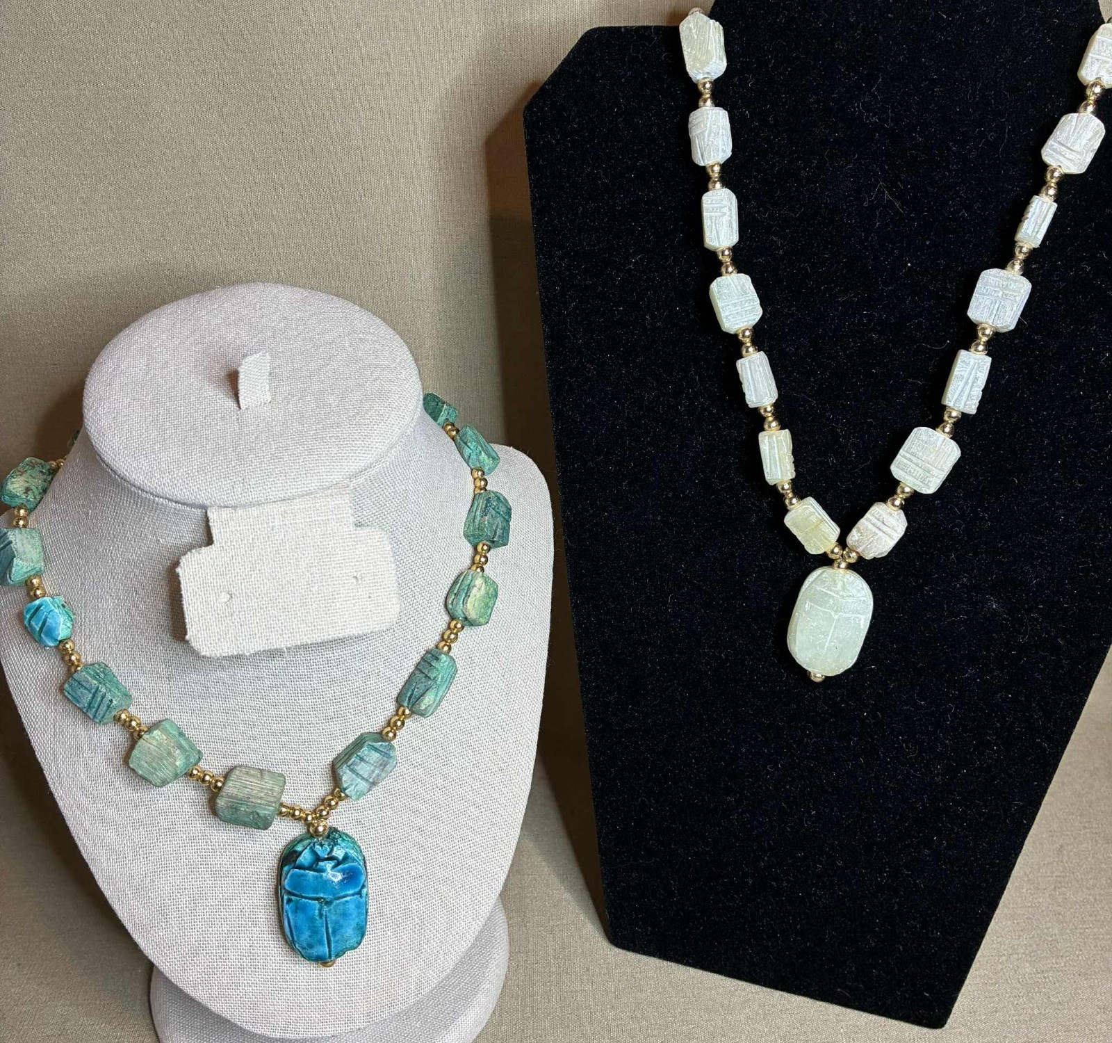 2 Vintage Egyptian Revival Scarab Necklaces Carved Soap Stone Or Ceramic Or Wood