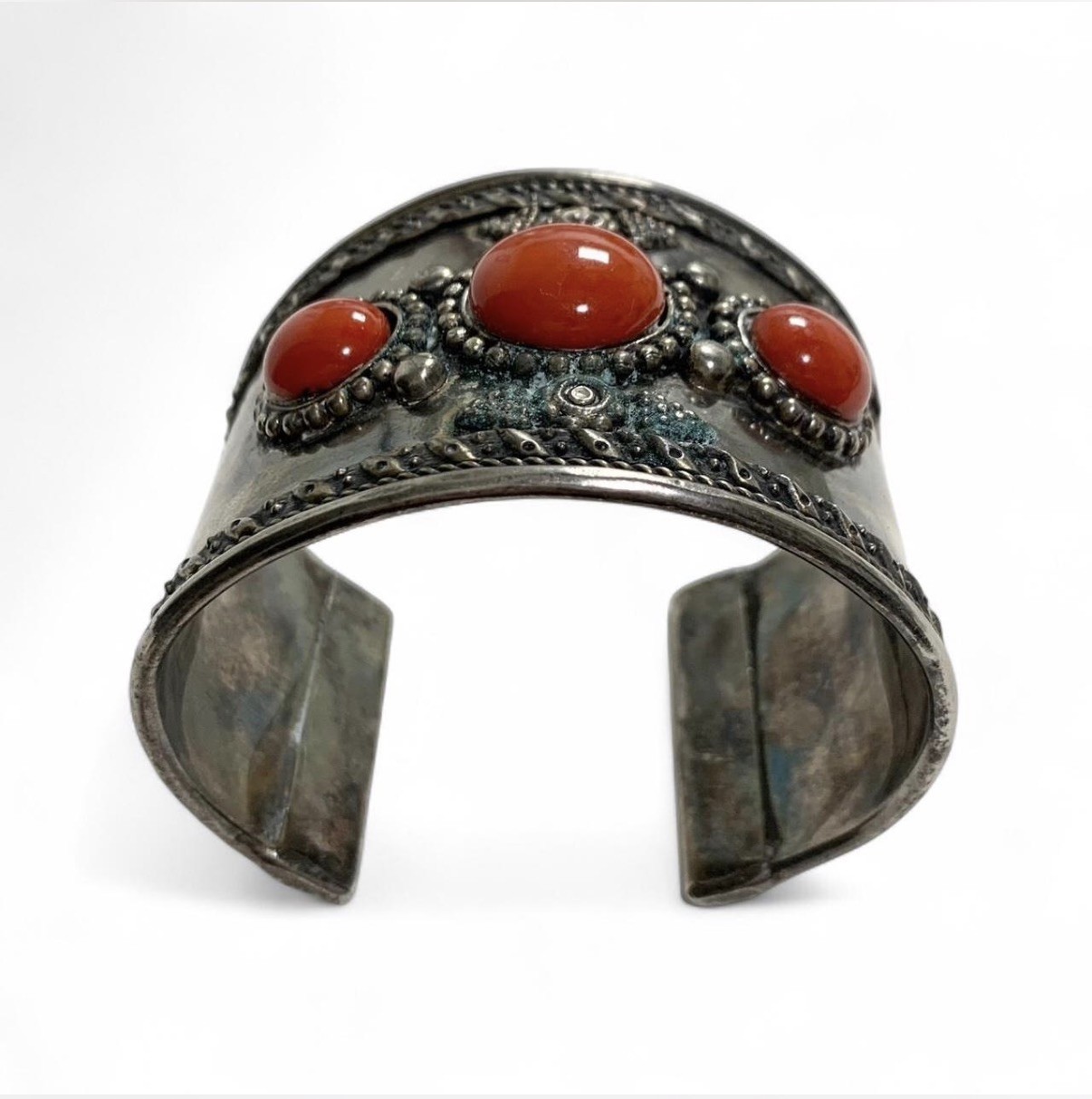 Vintage Silver Metal Cuff Bracelet with Carnelian Red Stones & Verdigris Patina