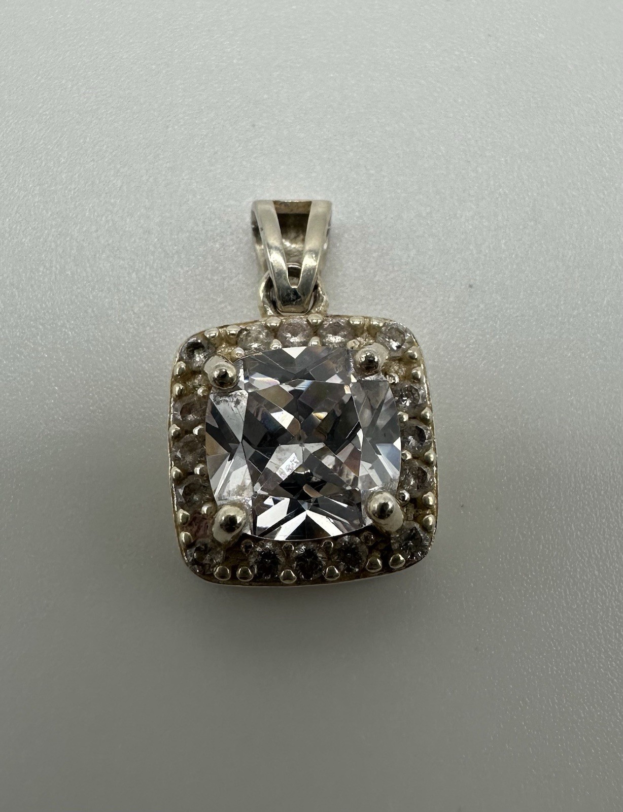 925 Sterling Silver Cushion Cut CZ Halo Pendant Clear Cubic Zirconia Square Vtg