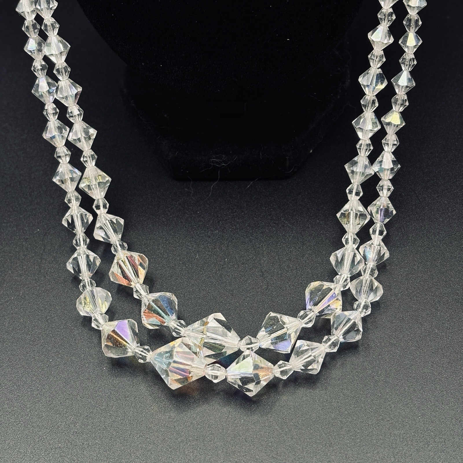 Double Strand Aurora Borealis Faceted Bicone Crystal Graduated Necklace 27” VTG