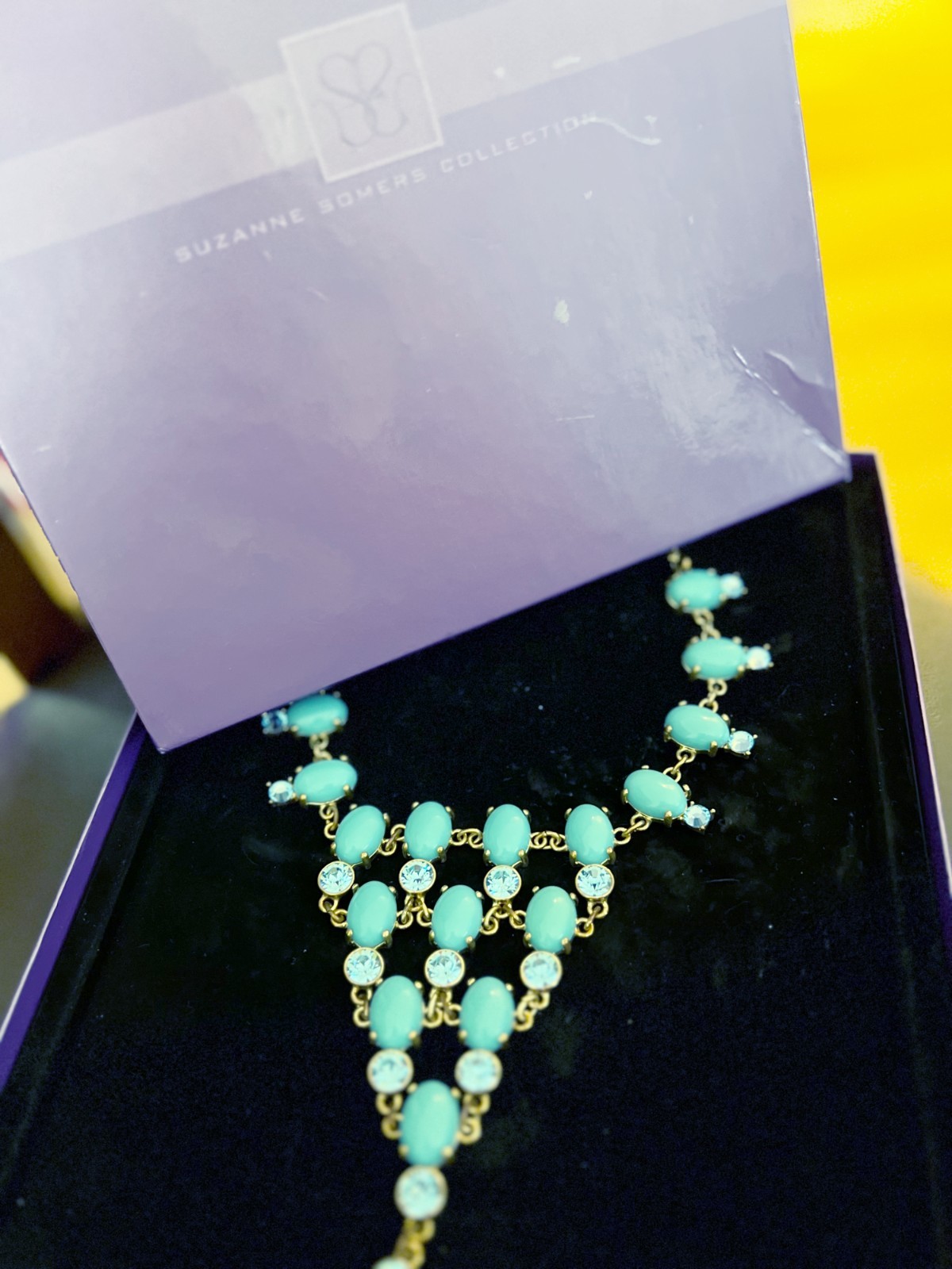VINTAGE Suzanne Somers Bib Necklace Faux Turquoise w Faceted Blue Crystals NIB