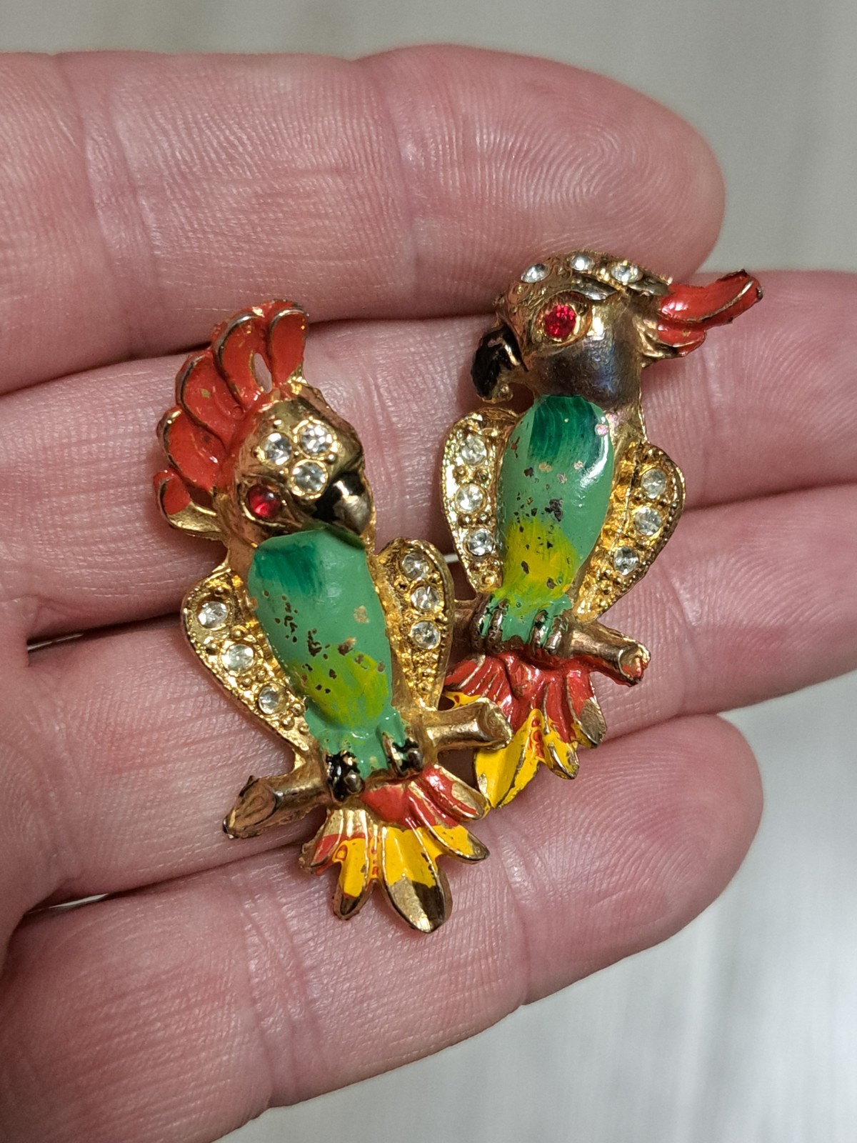 Vintage Rhinestone And Goldtones Pair Of Parrot Brooches