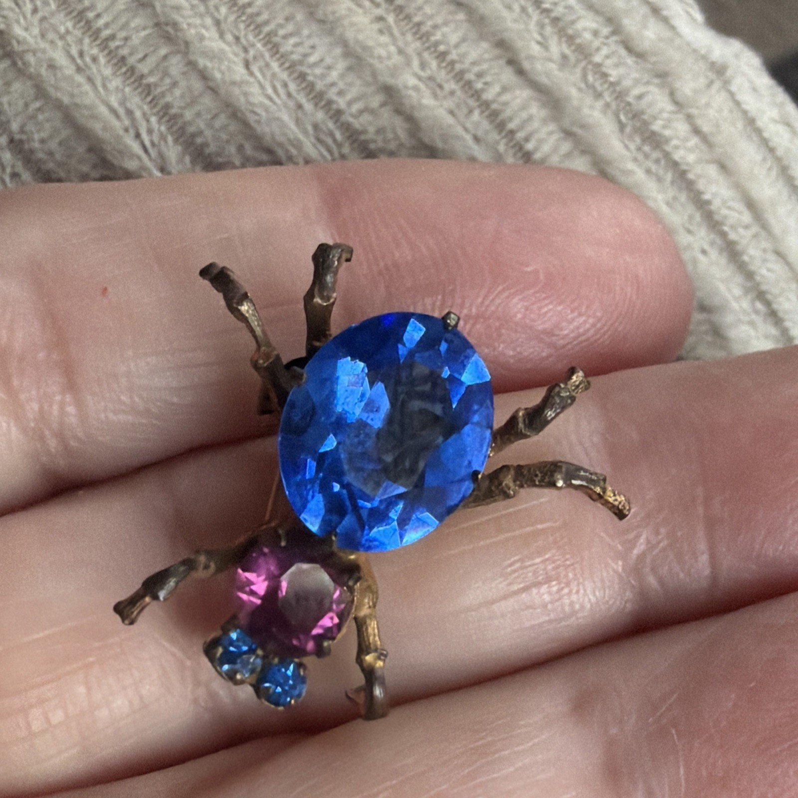 Antique Bug Insect Fly Brooch Pin Cobalt Blue Purple Rhinestones Brass Tones