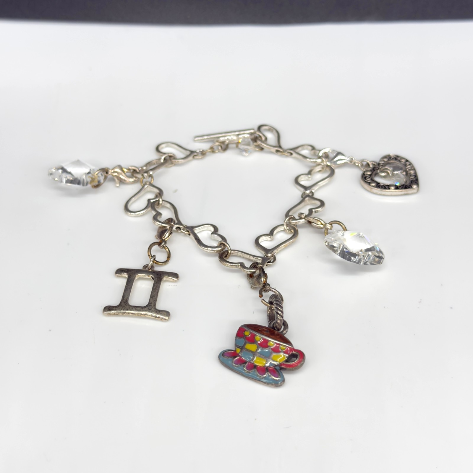 Heart Charm Bracelet Silver Tone Links Crystal Charms Enamel Size 6