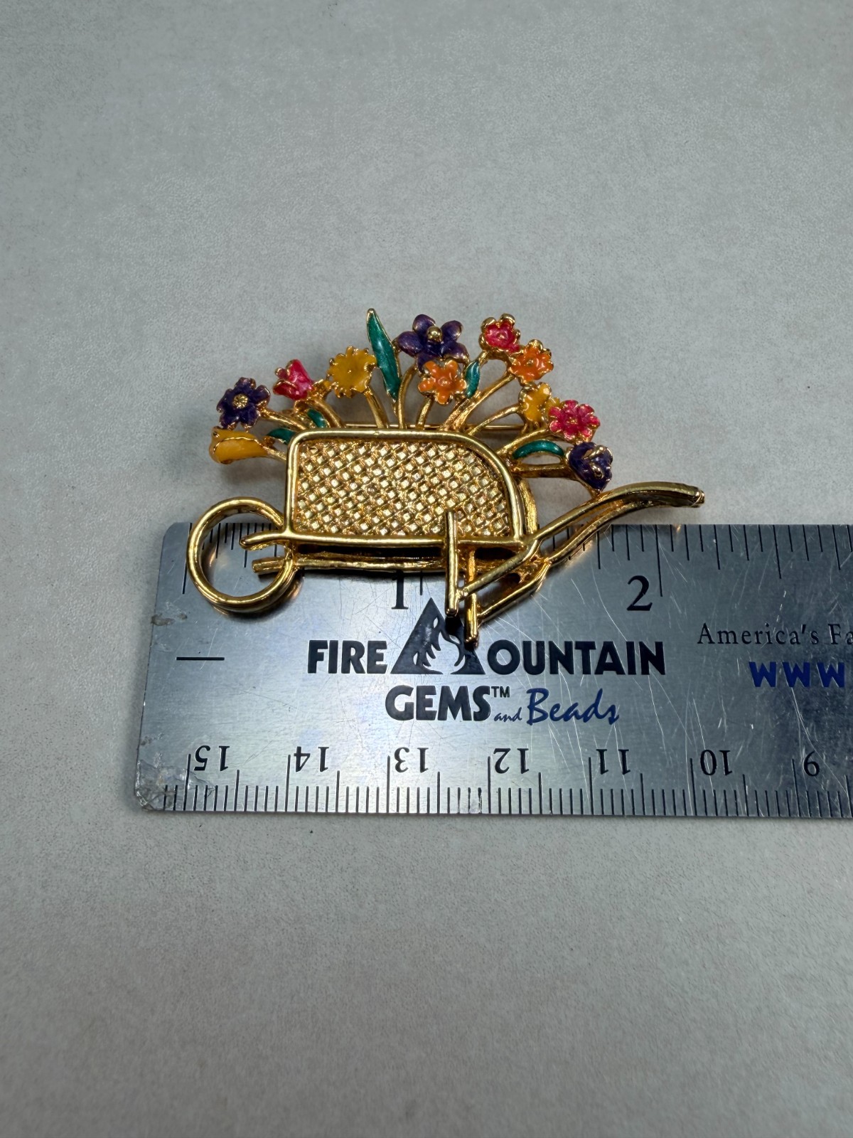 Vintage Wheelbarrow Flower Brooch Colorful Enamel Floral Garden Pin