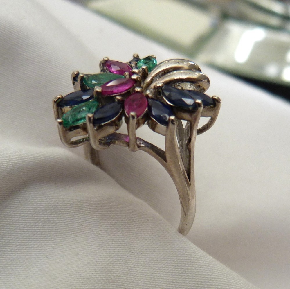 DESIGNER SIGNED EMERALD SAPPHIRE RUBY GEMSTONES STERLING SILVER RING SIZE 9