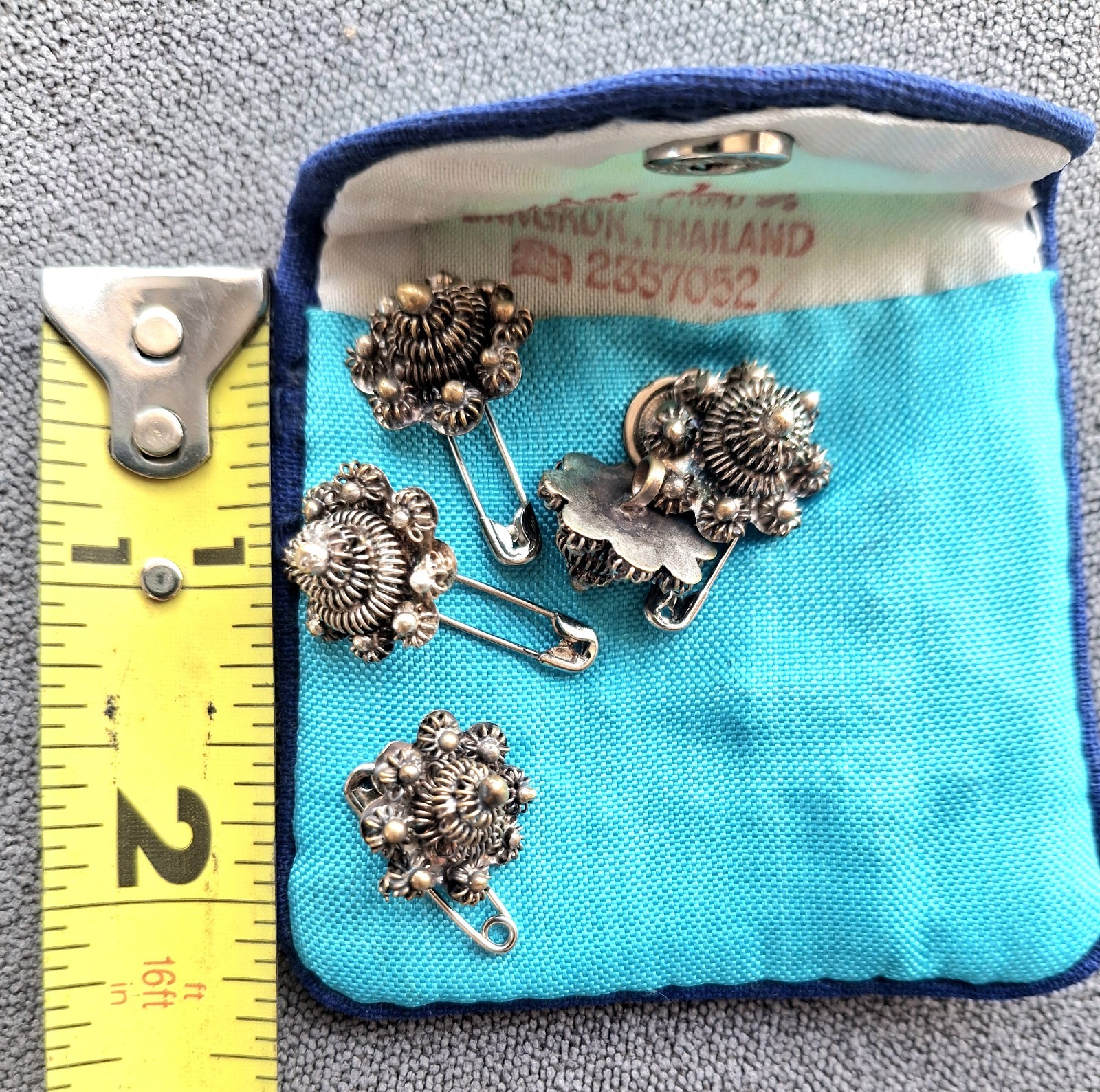Vtg Thai Cannetille Intricate Filigree Flower Sterling Silver Button Set + Pouch