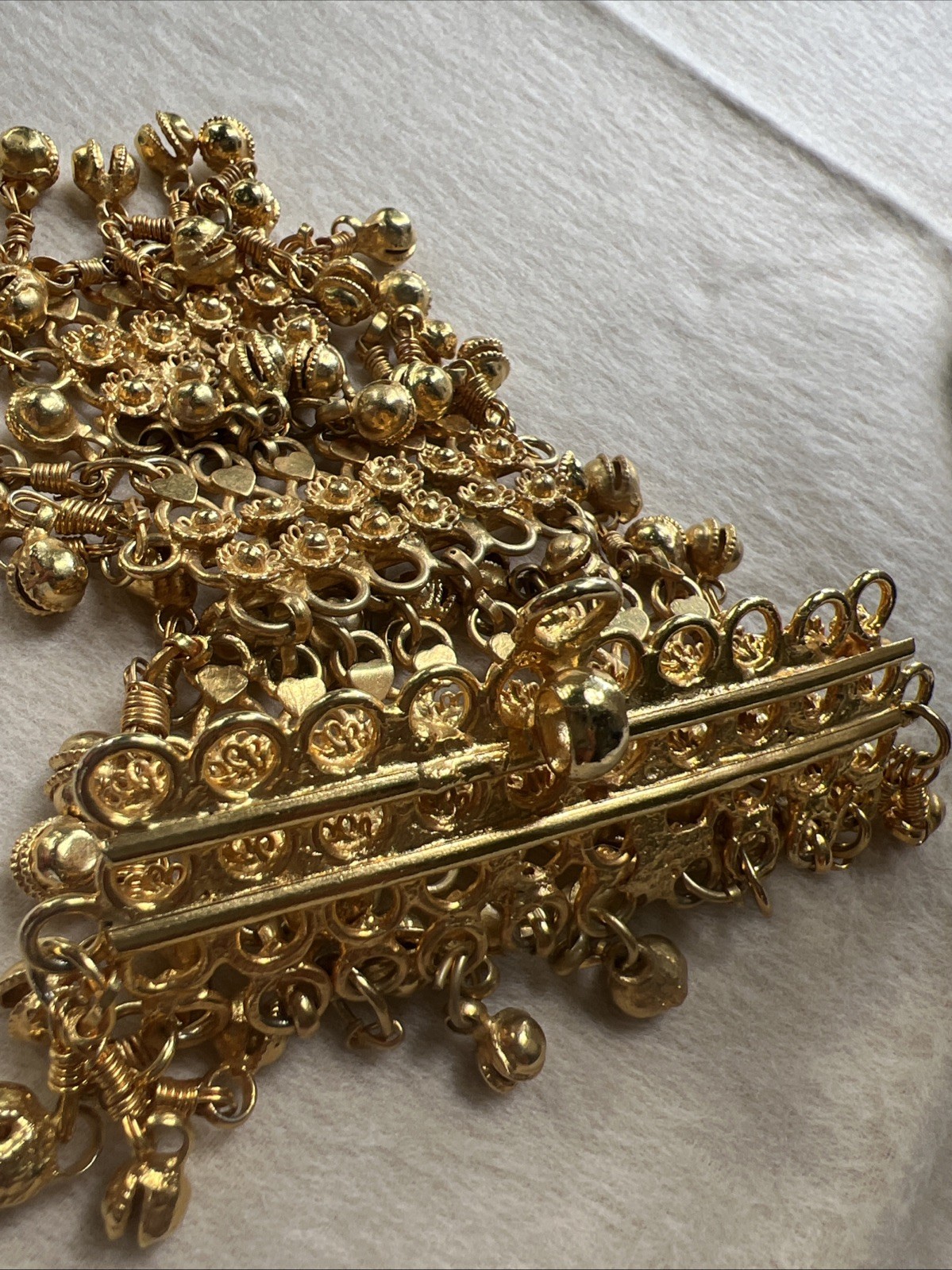 Vtg FESTOON NECKLACE Pendant GOLDWASH BRASS FILIGREE ROSETTES DANGLES