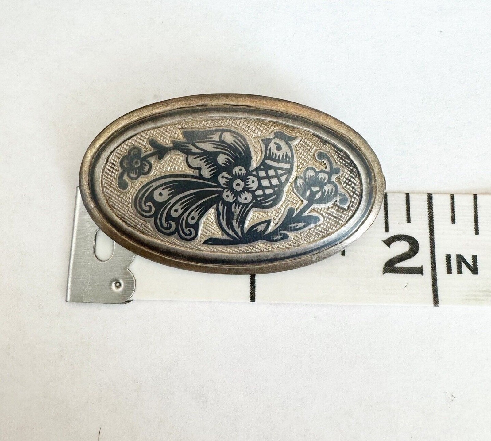 Vtg Russian Soviet Era Northern Black Niello Silver 925 Oval Brooch Floral Bird