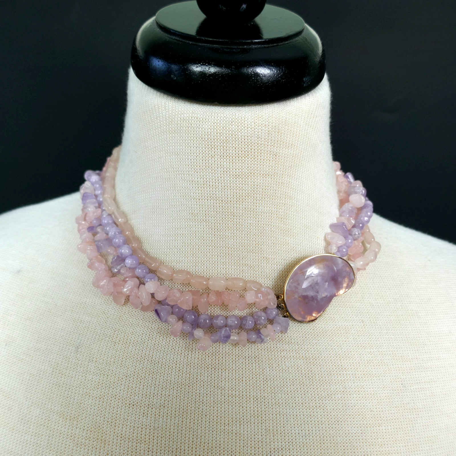 MULTISTRAND AMETHYST ROSE PINK QUARTZ GEMSTONE CHIP TORSADE BEAD NECKLACE