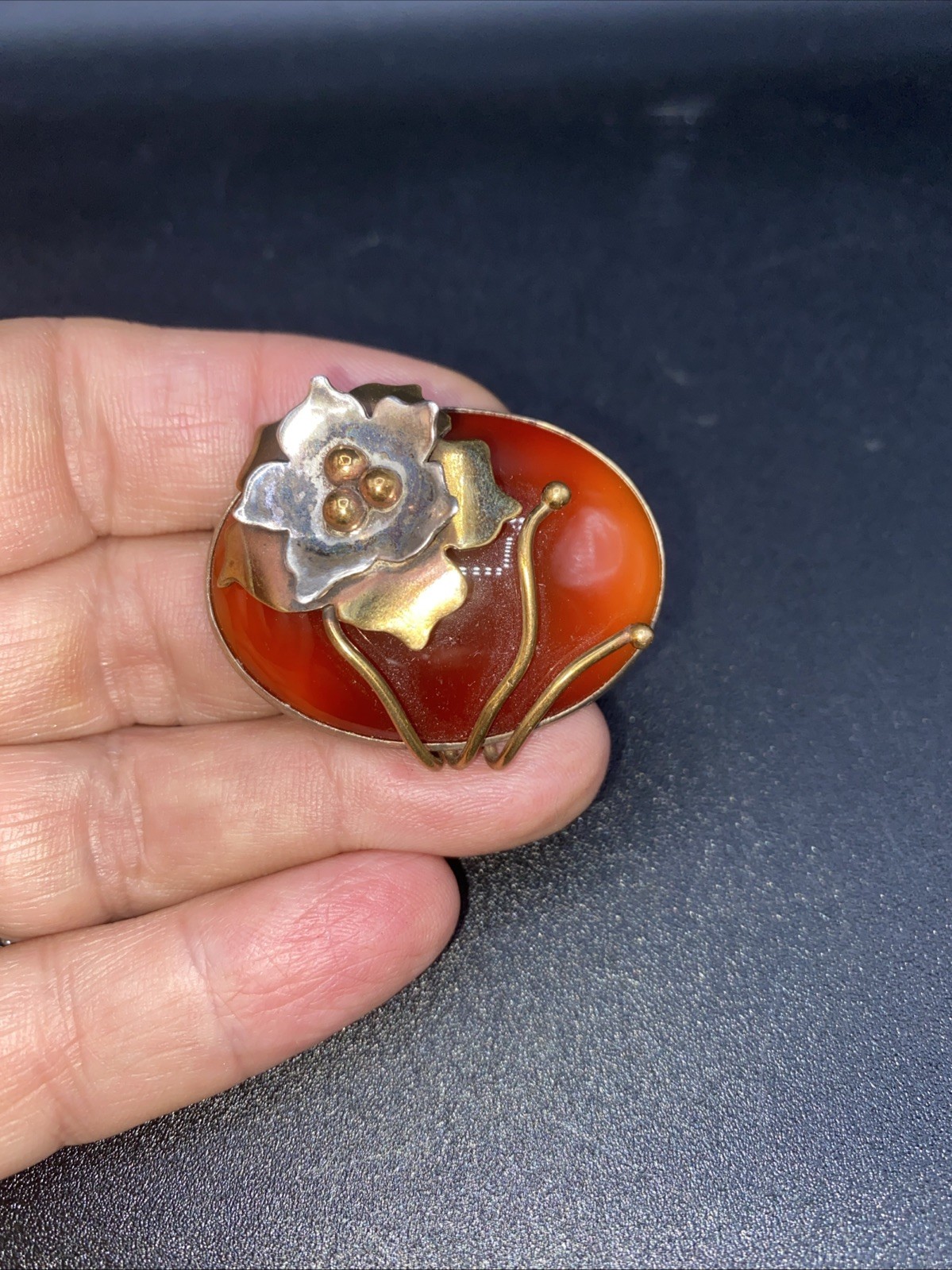 Beautiful Mixed Metal Sterling Cabachon Brooch Pin Vintage