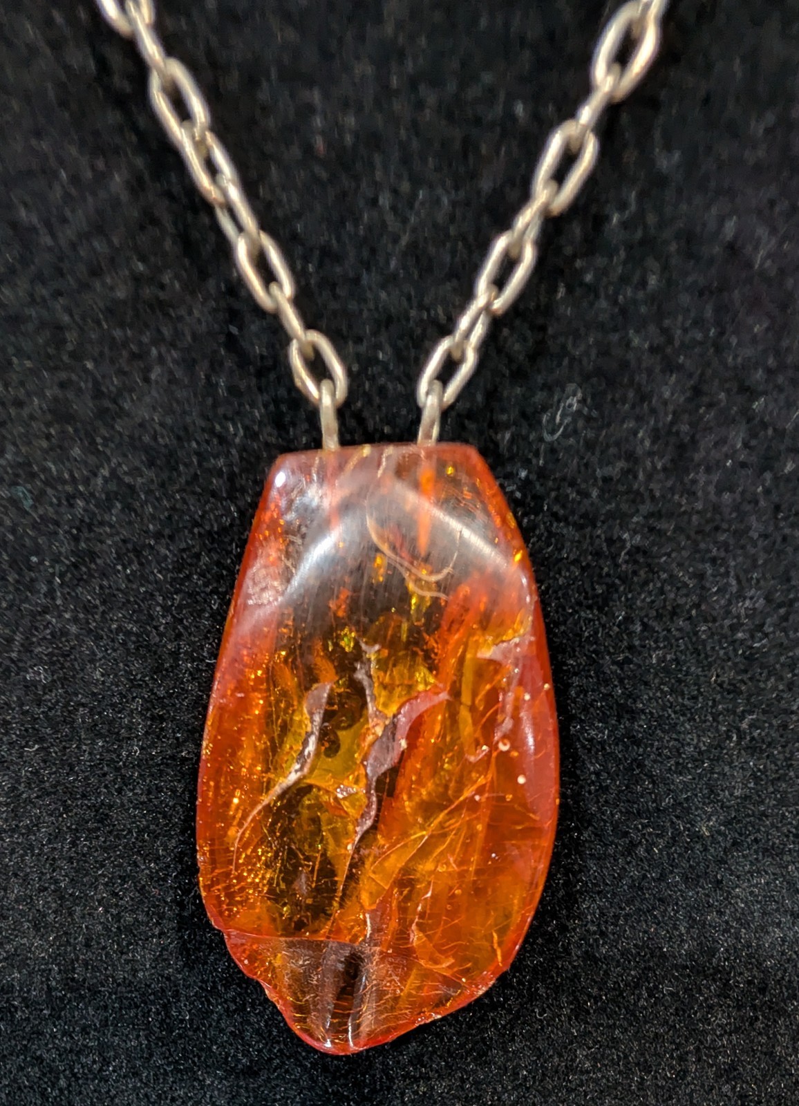 Vintage, Silver Tone, Link Chain, Baltic Amber, Resin Pendant Necklace
