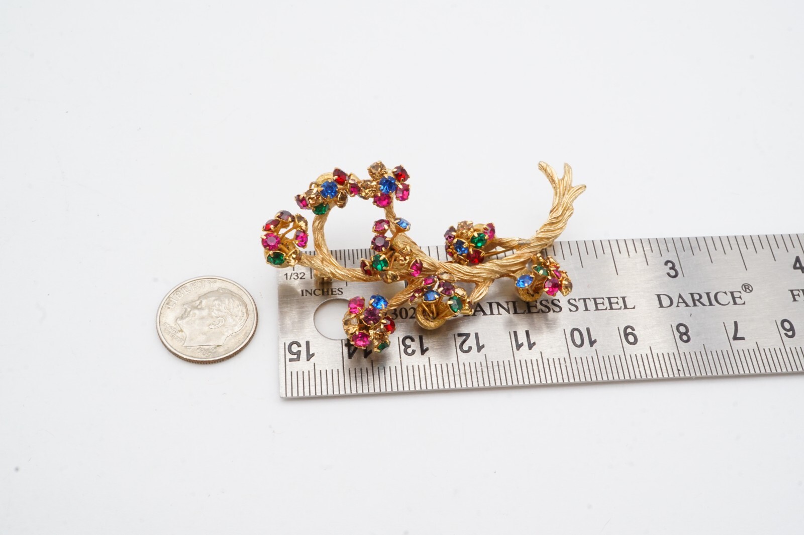 Vintage Brooch Pin Gold Tone Rhinestone Branch Blue Green Red