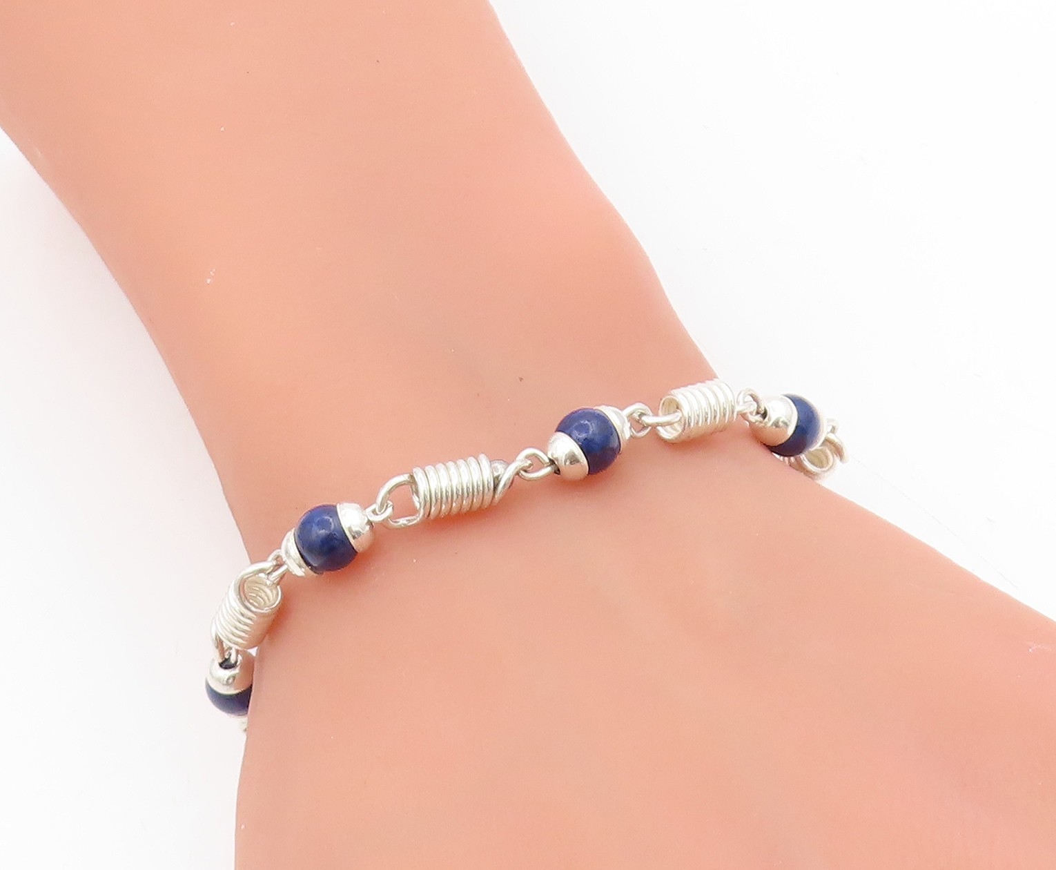 925 Sterling Silver Vintage Bracelet Lapis Lazuli Bead Wire Wrapped Link BT11746