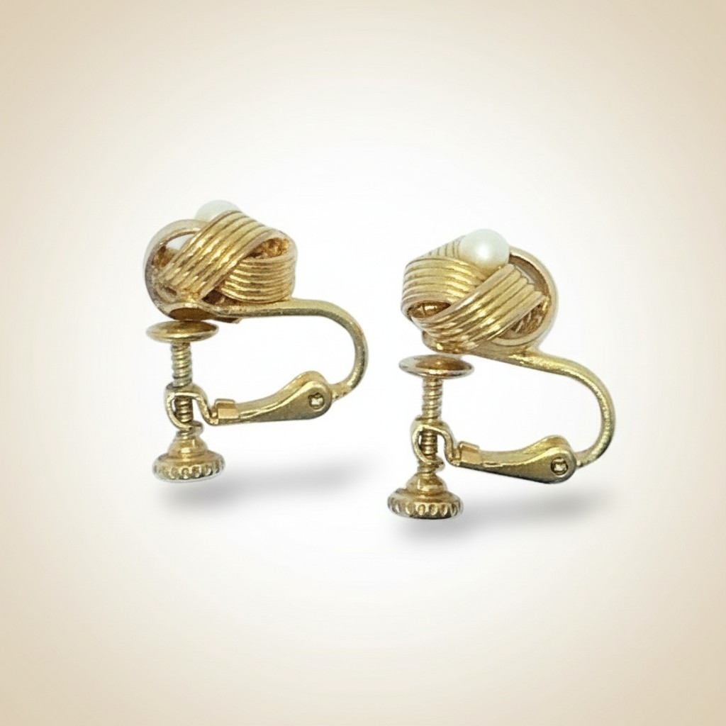 1960s Gold-Tone Love Knot Pearl Clip-On Earrings