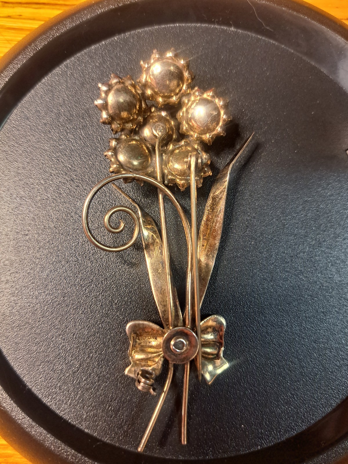 1950s 925 Sterling Silver Vermeil Blue Rhinestone Faux Pearl Brooch 3.5” 17gr