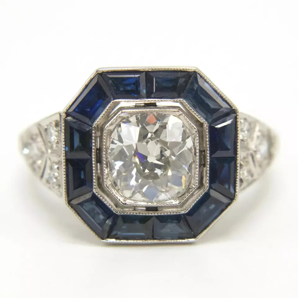 3.0Ct Art Deco Style Lab-Created Diamond Sapphire Halo Bezel Set Ring 925 Silver