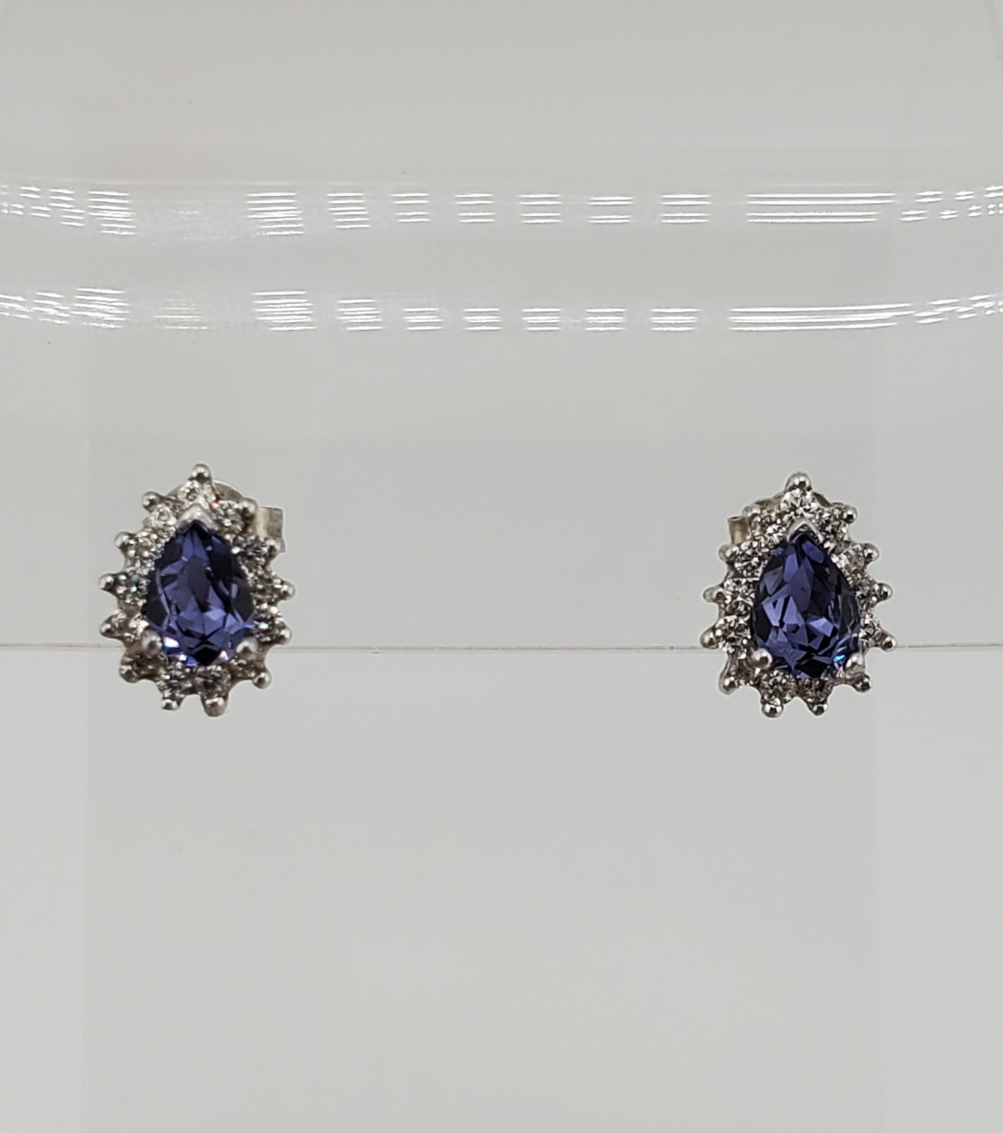 VTG 925 Purple Blue Pear Cut Crystal Stud Earrings Sterling Silver 1g Halo CZ S