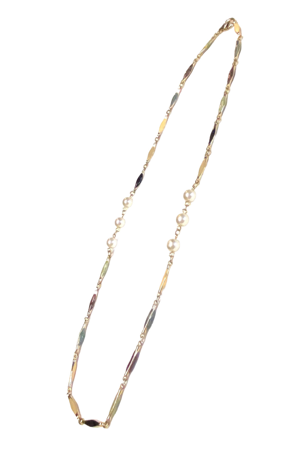 Vintage Gold Tone Multicolor Enamel Bar Link Elliptical Faux Pearl Necklace 25″