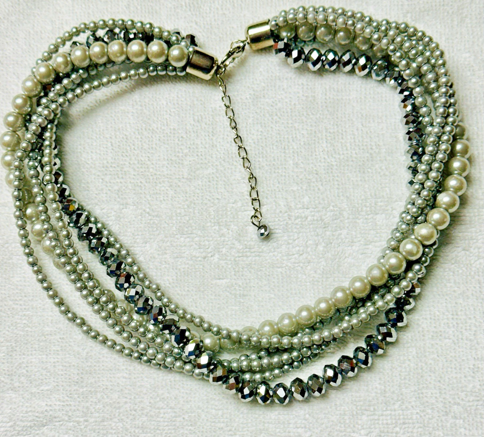 Vintage Style Multi Strand Faux Pearl Silvery Glass Bead Torsade Necklace n0175