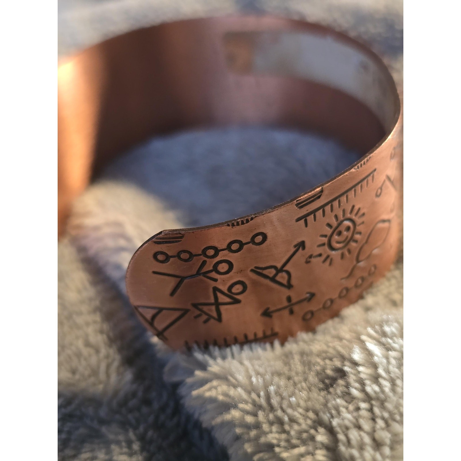 Vintage Solid Copper Cuff Bracelet | Hieroglyphic Etched Design | 7” Open Cuff