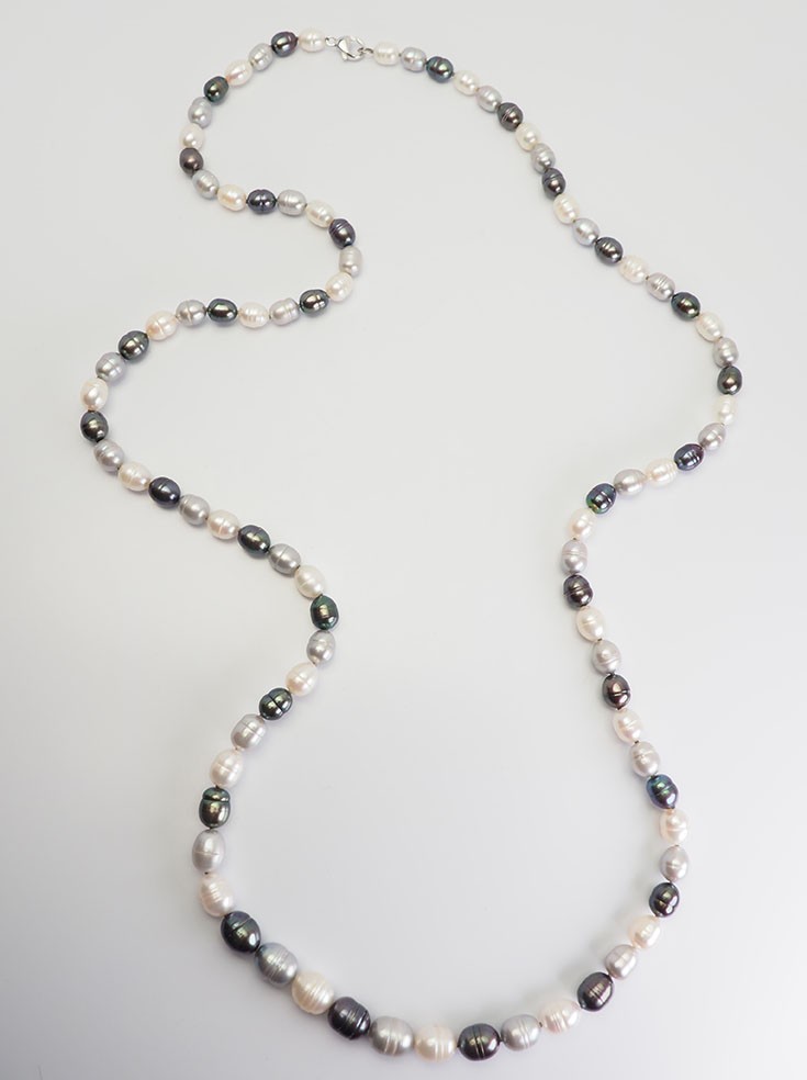 Long vintage black gray and white baroque natural pearl sterling silver necklace