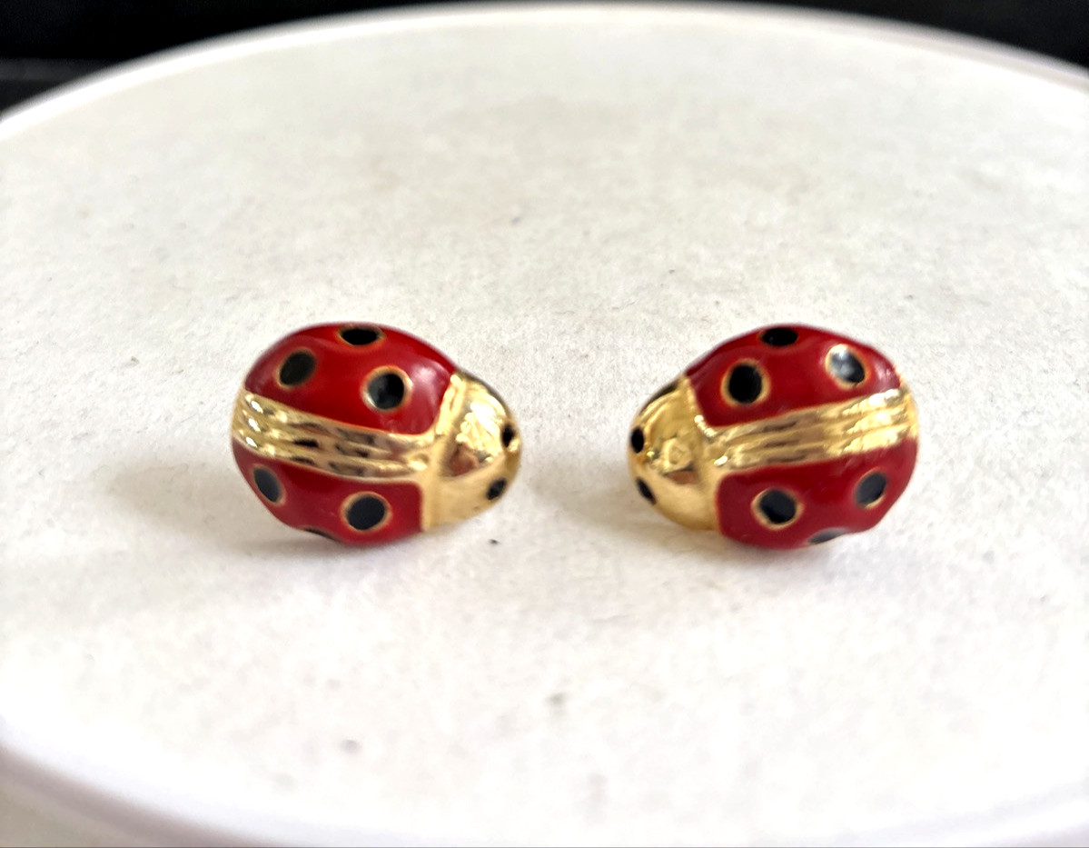 Vintage Gay Boyer Earrings Enameled Red & Black Gold Tone Lady Bugs Signed