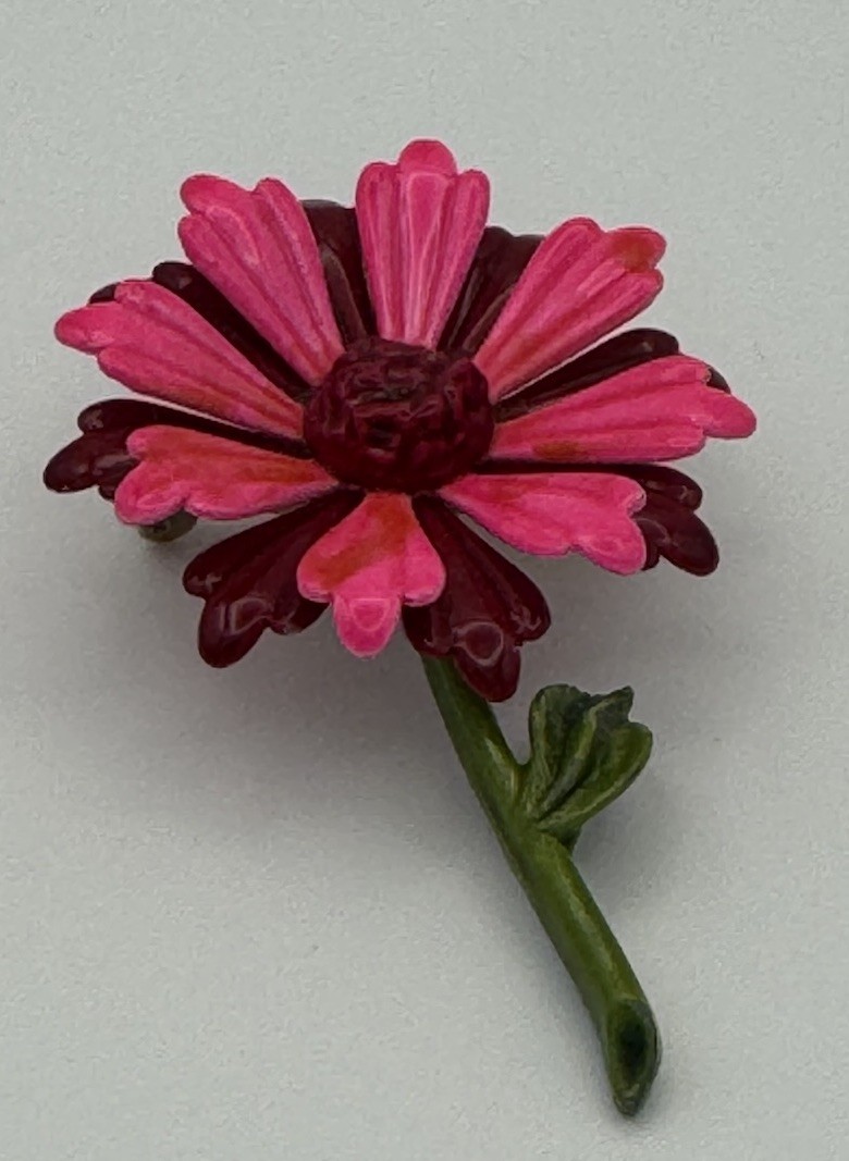 Vintage Fuchsia And Red Metal Enamel Brooch Flower