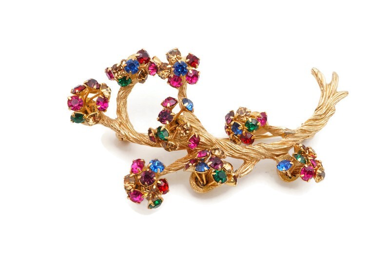 Vintage Brooch Pin Gold Tone Rhinestone Branch Blue Green Red