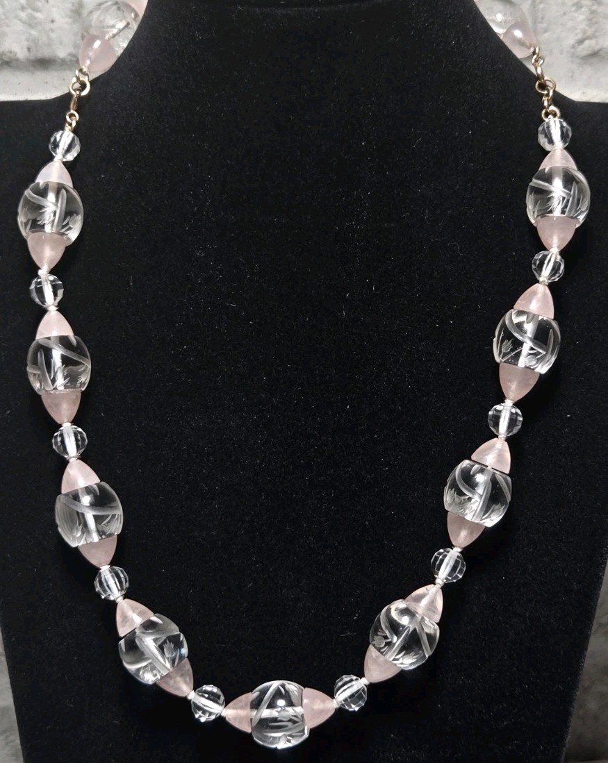 Rare Vintage Necklace Carved Rock Crystal & Pink Quartz 14K Floral Tulip Etched