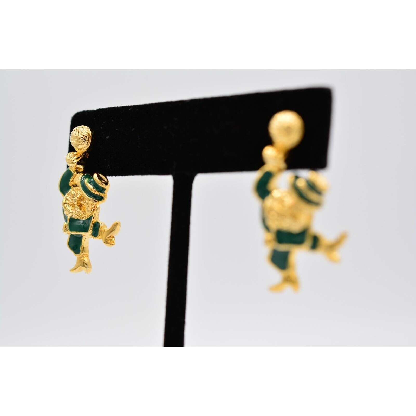 Vintage Lucky Leprechaun Earrings Dangle Green Gold St. Patrick’s Day 80s BinA6