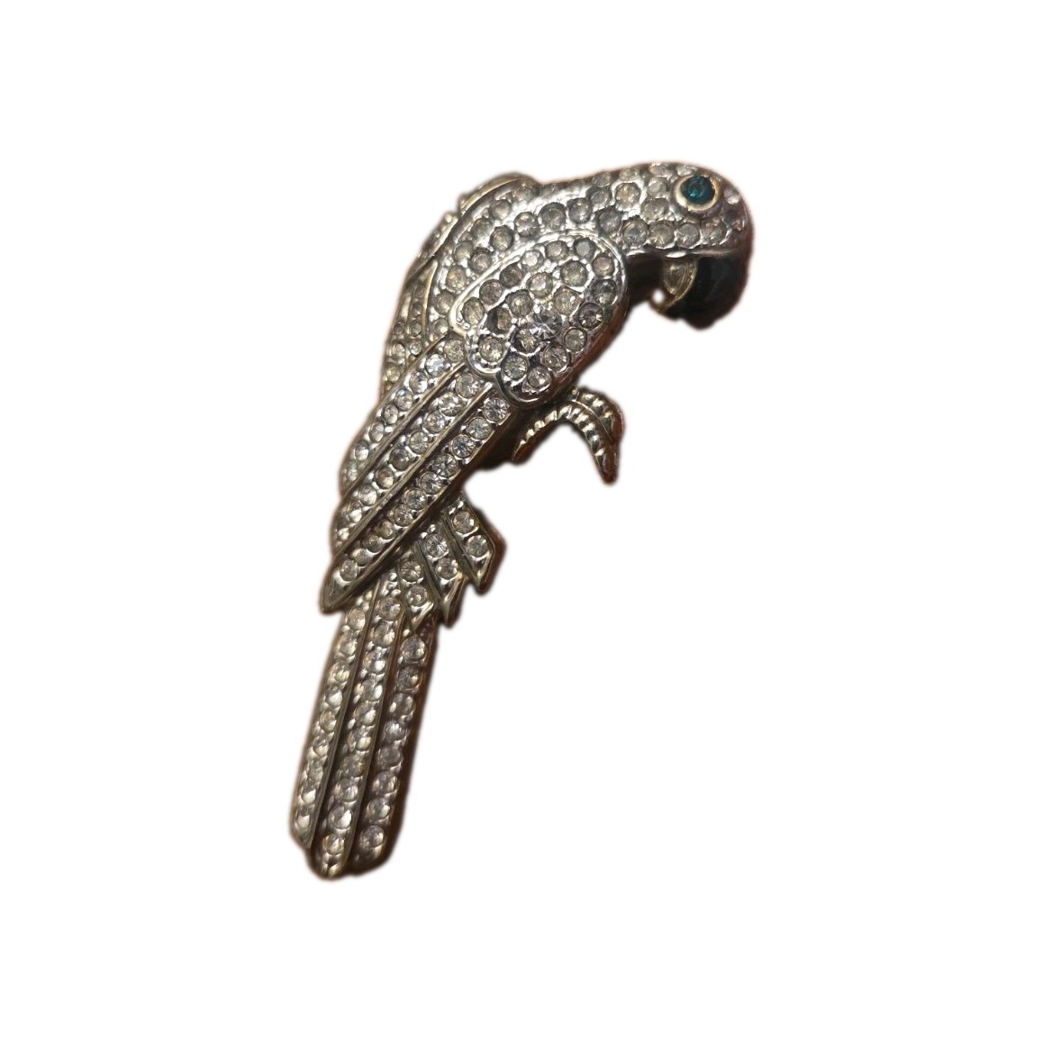 Vintage Rhinestone Parrot Bird Brooch Silver Tone Green Eye