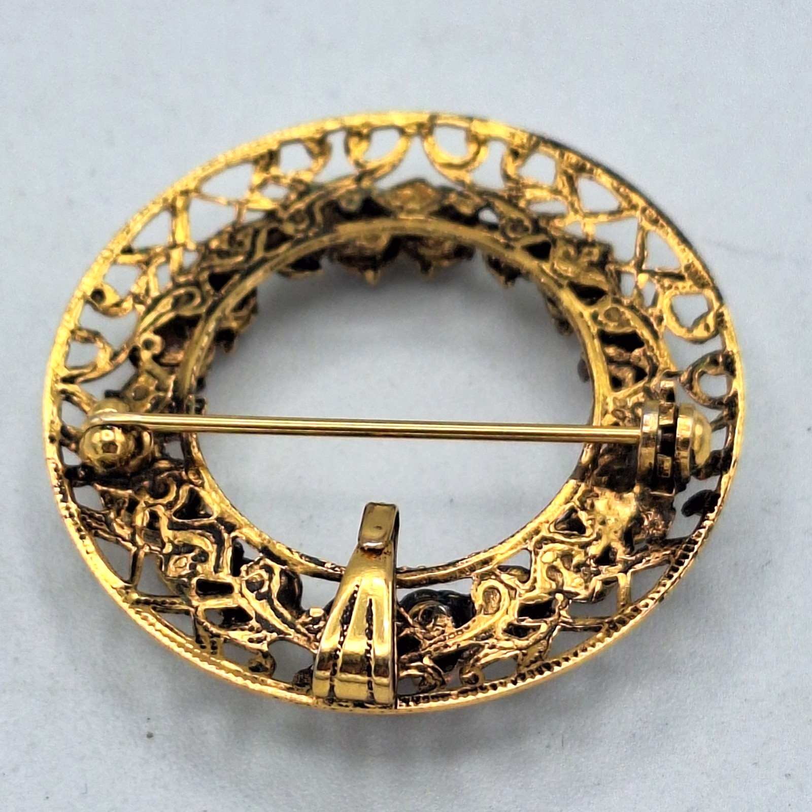 Vintage Faux Opal Filigree Wreath Brooch Pin with Pendant Bail, Gold Tone, 1.25″