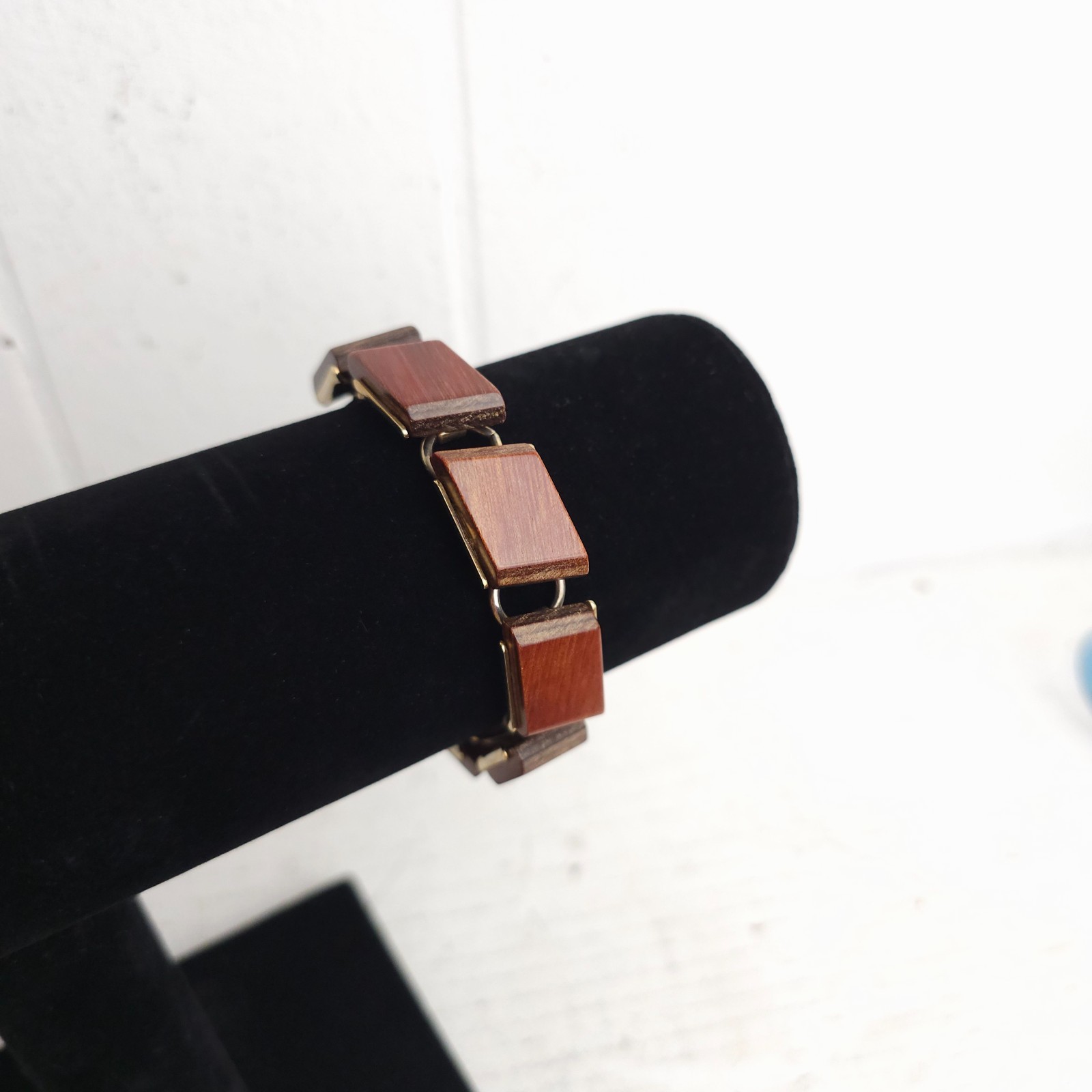 Vtg Modernist MCM Wood Tile Link Bracelet Boho 1960s 70s Earthy Natural Minimal