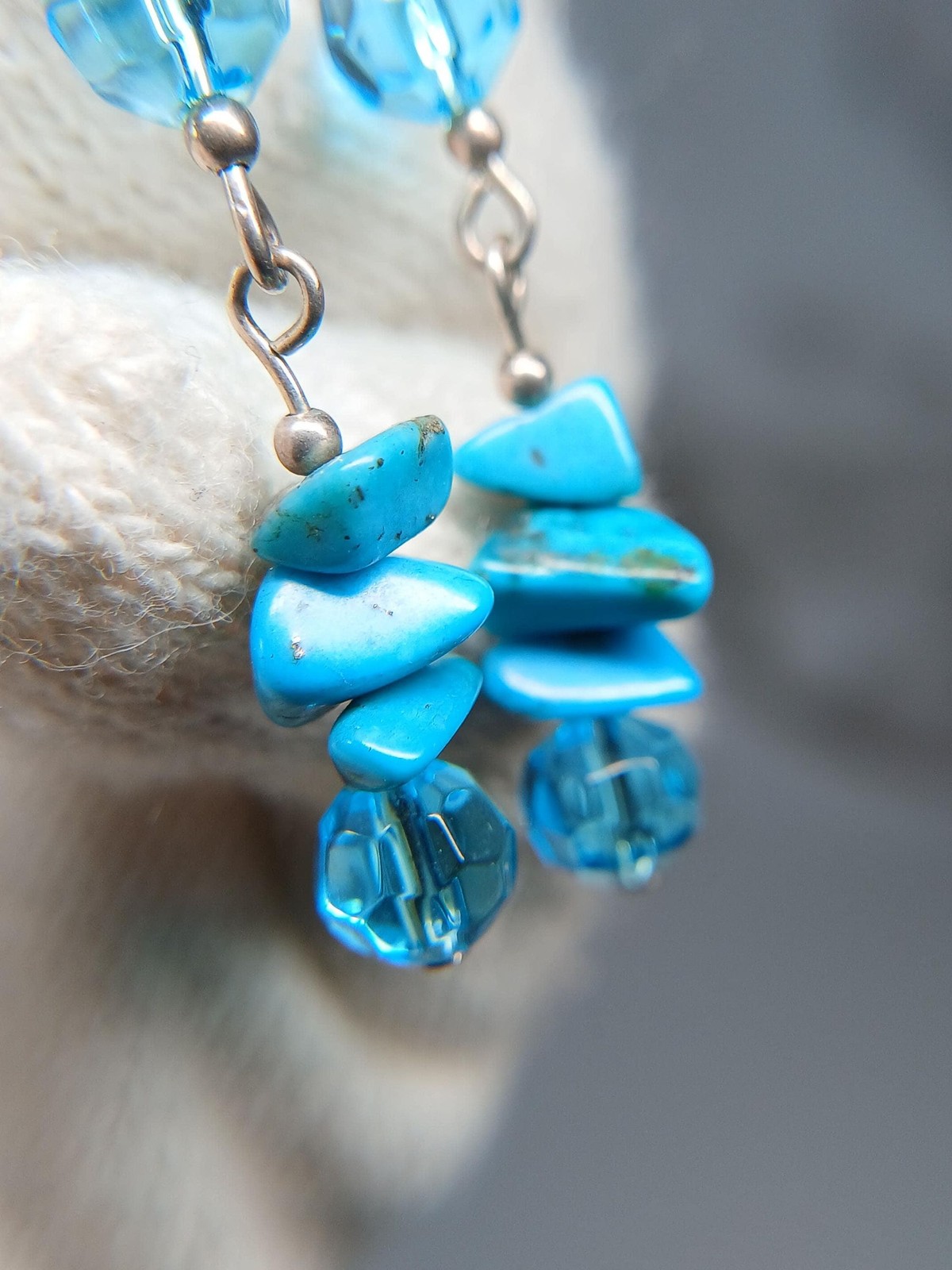 Sterling Silver Turquoise Chip Blue Crystal Dangle Earrings