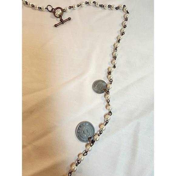 Vintage International Coin and Faux Pearl Charm Necklace Copper Toggle Clasp